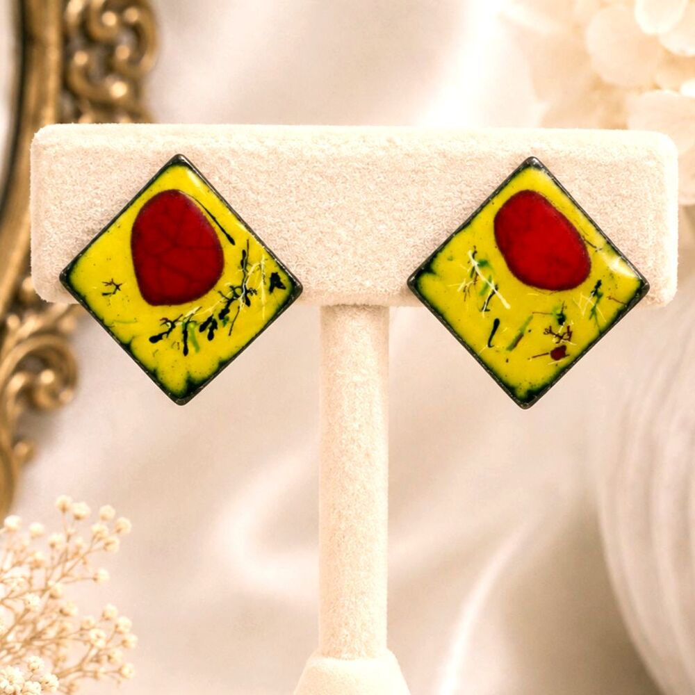 Vintage MCM Yellow Red Enamel on Copper Screw Back Earrings